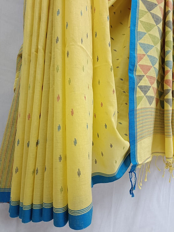Yellow & Blue Soft Handloom Handspun Cotton Jamdani Saree Balaram Saha