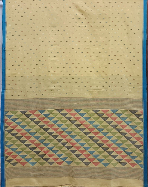 Yellow & Blue Soft Handloom Handspun Cotton Jamdani Saree Balaram Saha