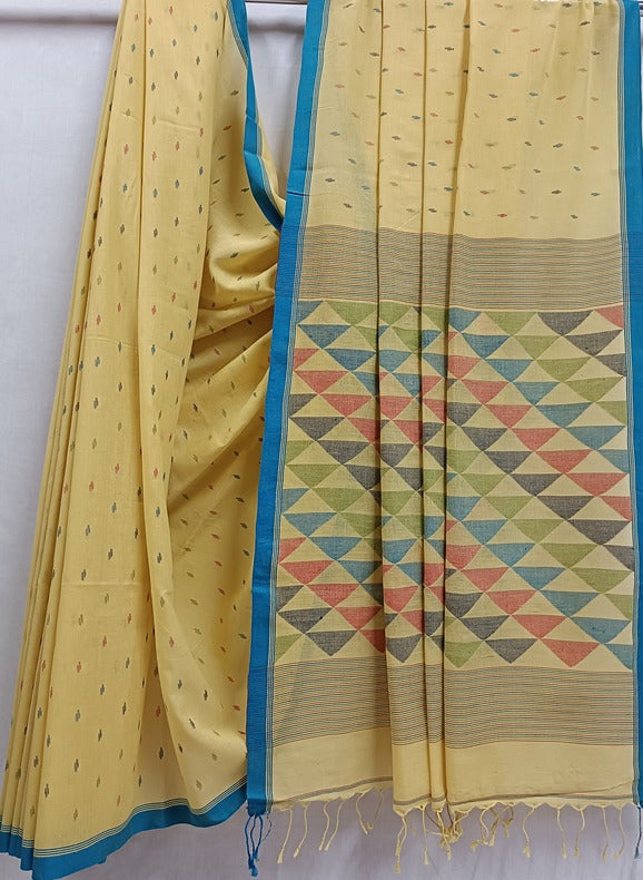 Yellow & Blue Soft Handloom Handspun Cotton Jamdani Saree Balaram Saha