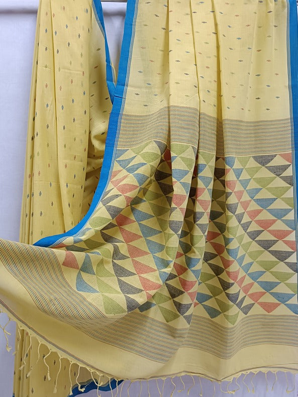 Yellow & Blue Soft Handloom Handspun Cotton Jamdani Saree Balaram Saha