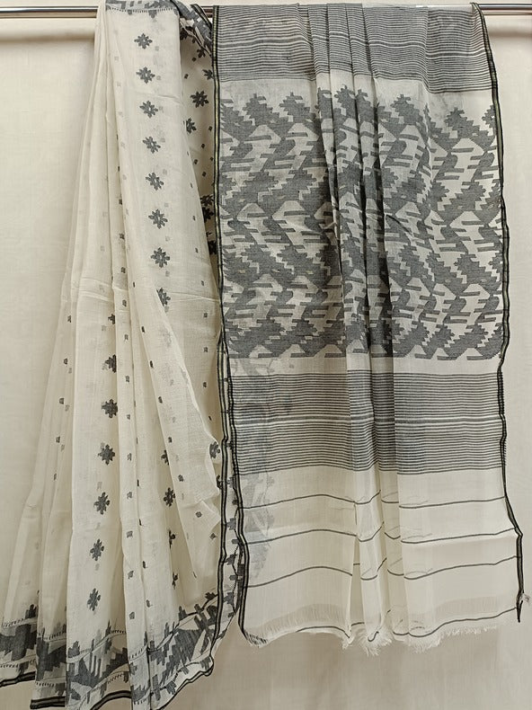 White & Black Handloom Handwoven Bangladesh Jamdani Saree Balaram Saha