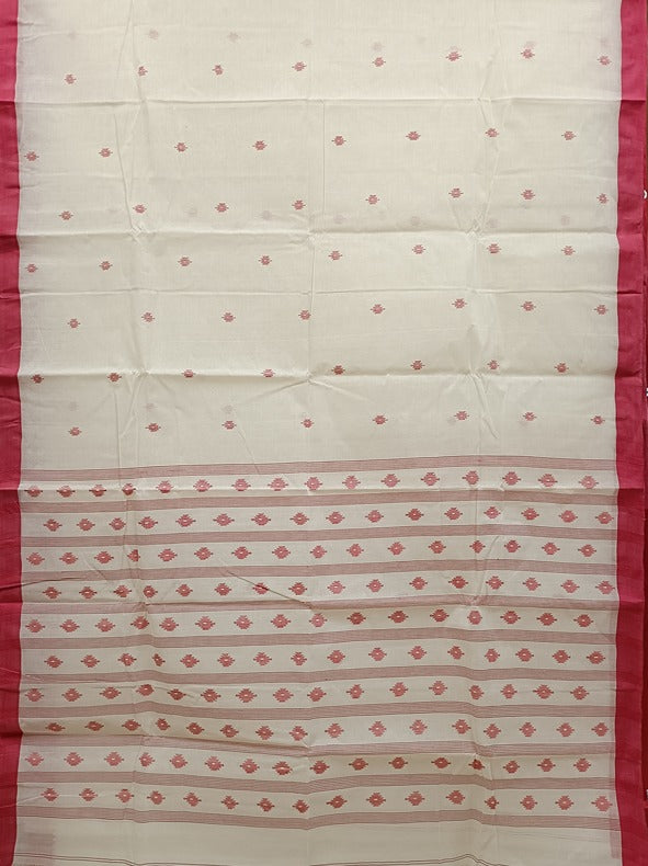White & Red Handwoven Traditional Cotton Jamdani Saree Balaram Saha