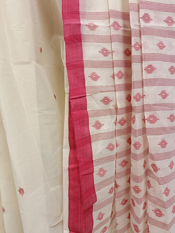 White & Red Handwoven Traditional Cotton Jamdani Saree Balaram Saha