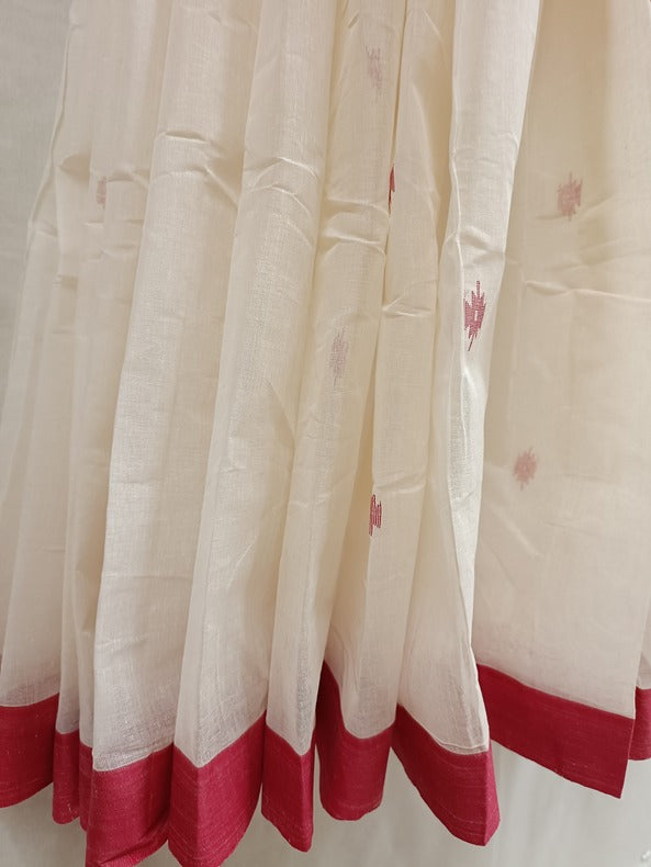 White & Red Handwoven Traditional Cotton Jamdani Saree Balaram Saha