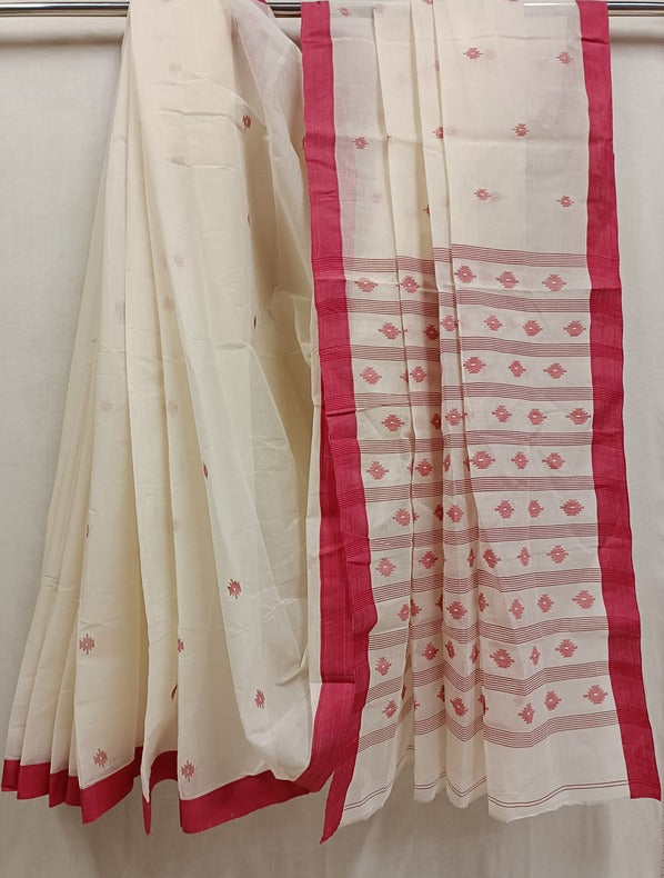 White & Red Handwoven Traditional Cotton Jamdani Saree Balaram Saha