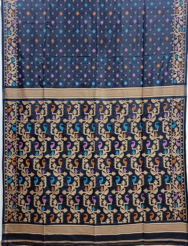 Navy blue & Multi-colored Katan silk Jamdani saree Balaram Saha