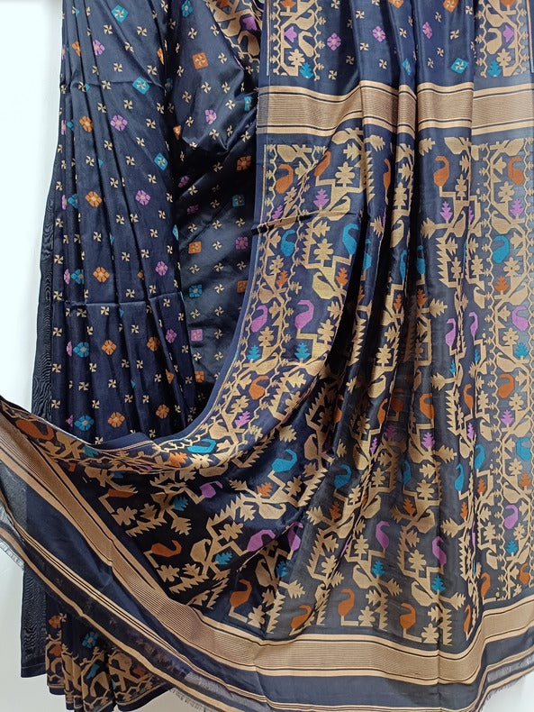 Navy blue & Multi-colored Katan silk Jamdani saree Balaram Saha