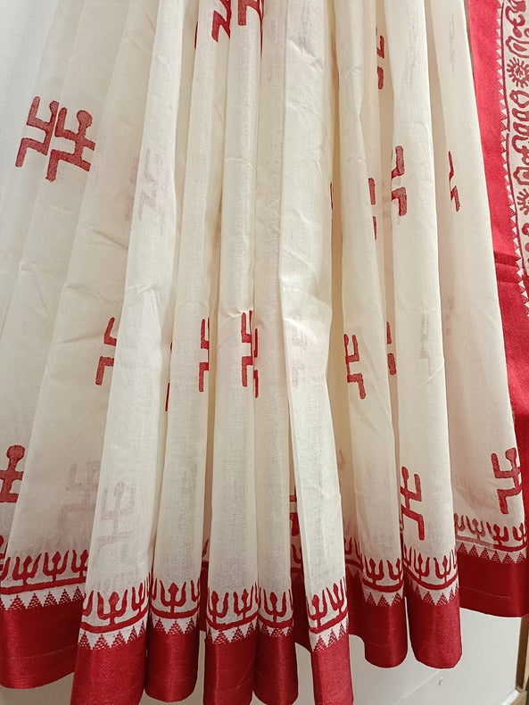 Off-White Handloom Traditional Dhonekali Cotton Handblock Saree Balaram Saha