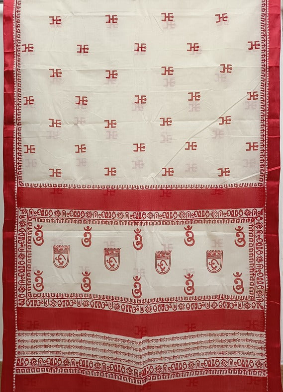 Off-White Handloom Traditional Dhonekali Cotton Handblock Saree Balaram Saha