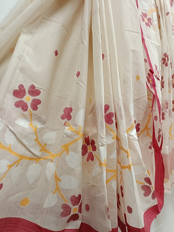 White and Red handloom Handwoven Traditional Cotton Jamdani Saree Balaram Saha