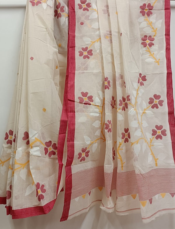 White and Red handloom Handwoven Traditional Cotton Jamdani Saree Balaram Saha