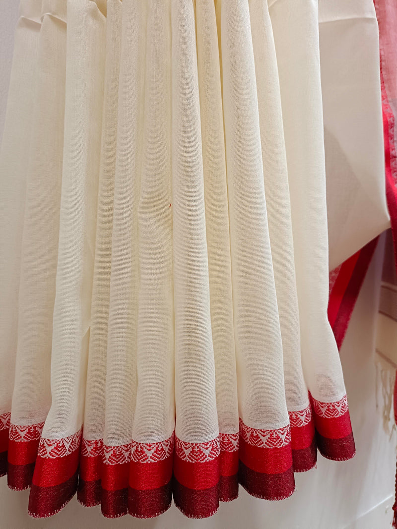 Premium Quality Off-White Handloom Cotton Saree with Satin Contrast Border Balaram Saha