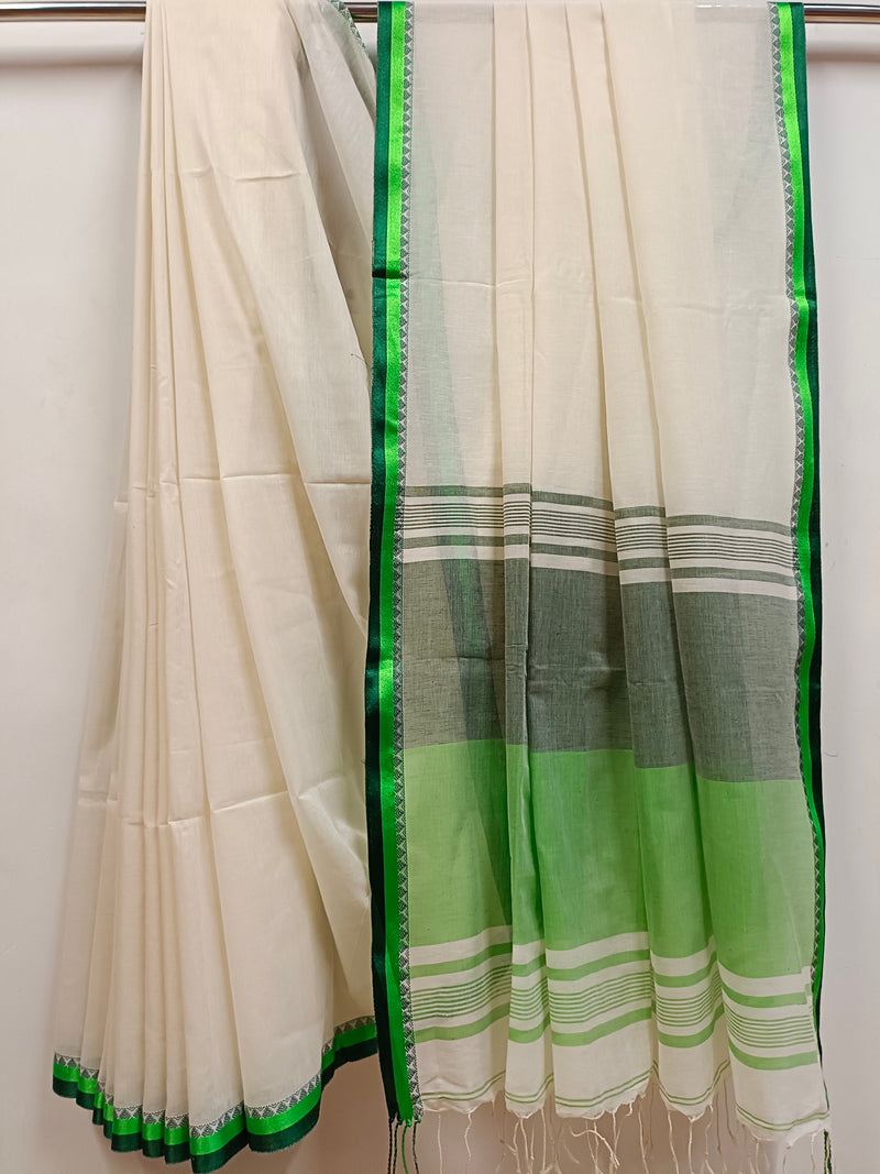 Premium Quality Off-White Handloom Cotton Saree with Satin Contrast Border Balaram Saha