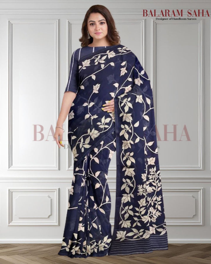Indigo Blue & White Handwoven Cotton Jamdani Saree - (handloom saree, jamdani saree, jamdani sarees, cotton jamdani saree, jamdani cotton saree handloom cotton saree, balaram saha online, jamdani saree online, soft jamdani saree)  https://www.foxnews.com/