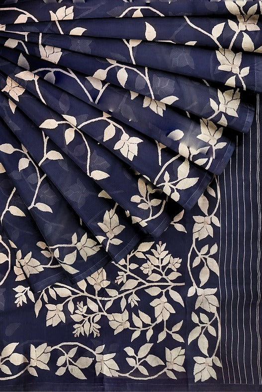 Indigo Blue & White Handwoven Cotton Jamdani Saree - (handloom saree, jamdani saree, jamdani sarees, cotton jamdani saree, jamdani cotton saree handloom cotton saree, balaram saha online, jamdani saree online, soft jamdani saree)