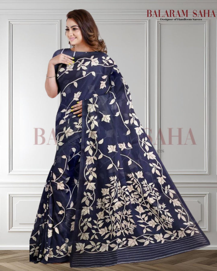 Indigo Blue & White Handwoven Cotton Jamdani Saree - (handloom saree, jamdani saree, jamdani sarees, cotton jamdani saree, jamdani cotton saree handloom cotton saree, balaram saha online, jamdani saree online, soft jamdani saree)   https://www.huffpost.com/