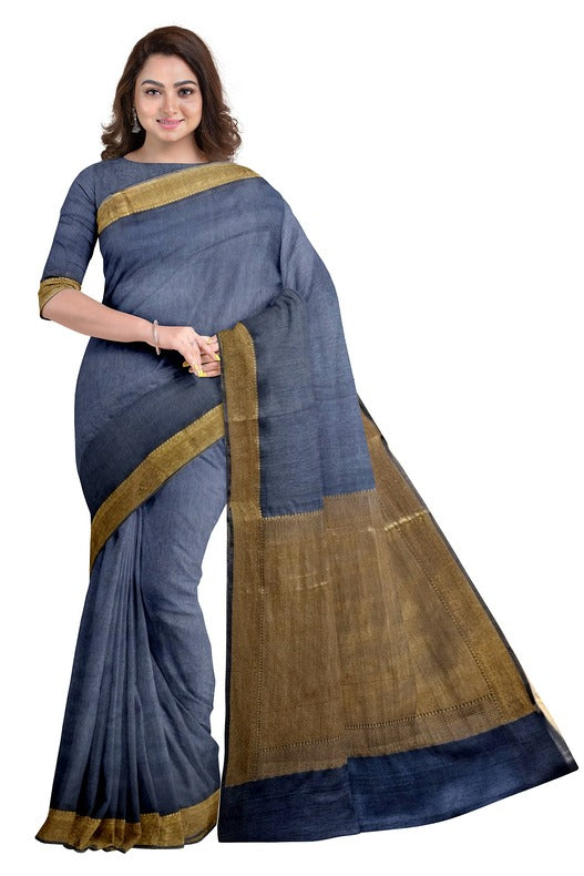 Indigo & Gold Soft Handloom Silk Saree With Woven Zari Border by Balaram Saha - (handloom saree, Zari border, silk saree, handloom silk saree, balaram saha online, silk sarees, silk handloom saree, bengal handloom sarees, pure silk, silk saree online, bengali silk saree) https://www.adobe.com/
