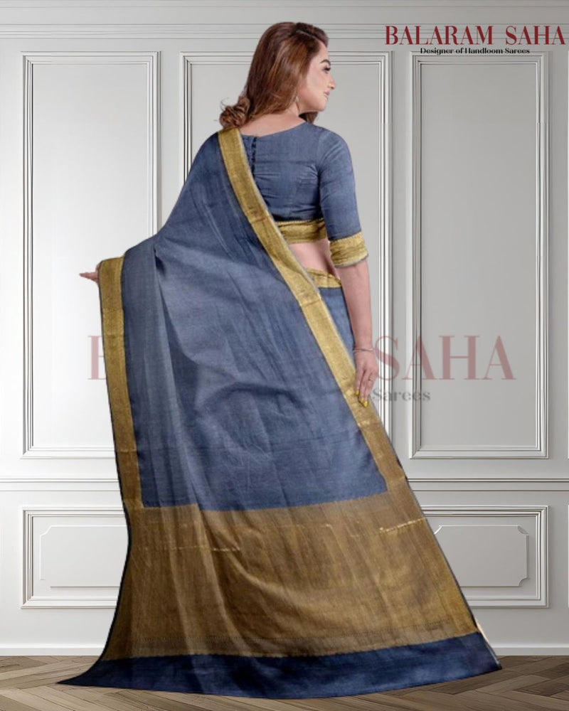 Indigo & Gold Soft Handloom Silk Saree With Woven Zari Border by Balaram Saha - (handloom saree, Zari border, silk saree, handloom silk saree, balaram saha online, silk sarees, silk handloom saree, bengal handloom sarees, pure silk, silk saree online, bengali silk saree)

