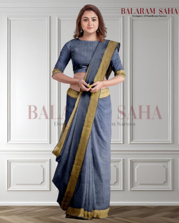 Indigo & Gold Soft Handloom Silk Saree With Woven Zari Border by Balaram Saha - (handloom saree, Zari border, silk saree, handloom silk saree, balaram saha online, silk sarees, silk handloom saree, bengal handloom sarees, pure silk, silk saree online, bengali silk saree)
