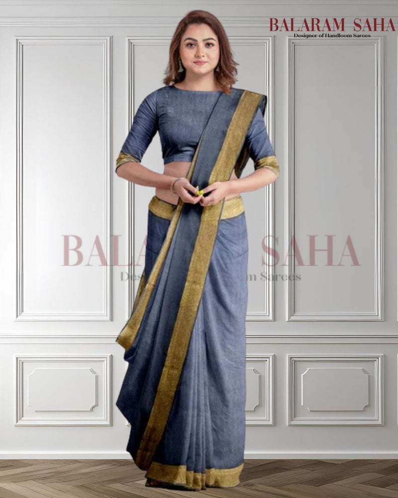 Indigo & Gold Soft Handloom Silk Saree With Woven Zari Border by Balaram Saha - (handloom saree, Zari border, silk saree, handloom silk saree, balaram saha online, silk sarees, silk handloom saree, bengal handloom sarees, pure silk, silk saree online, bengali silk saree)
