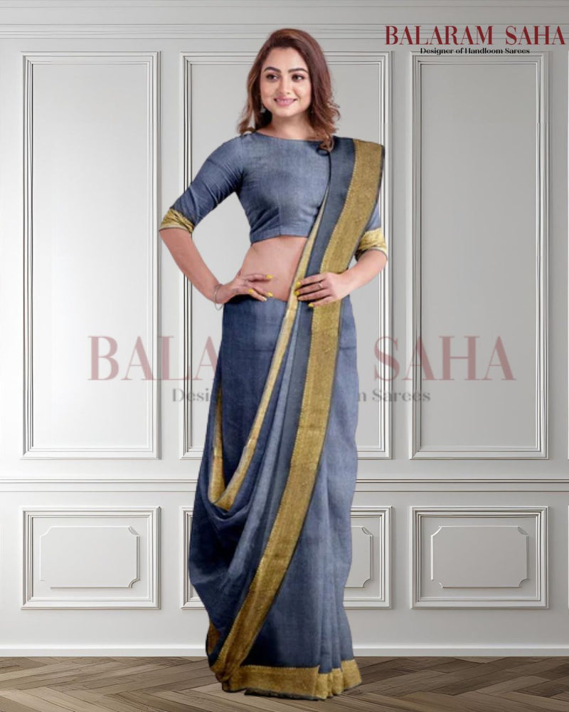 Indigo & Gold Soft Handloom Silk Saree With Woven Zari Border by Balaram Saha - (handloom saree, Zari border, silk saree, handloom silk saree, balaram saha online, silk sarees, silk handloom saree, bengal handloom sarees, pure silk, silk saree online, bengali silk saree)
