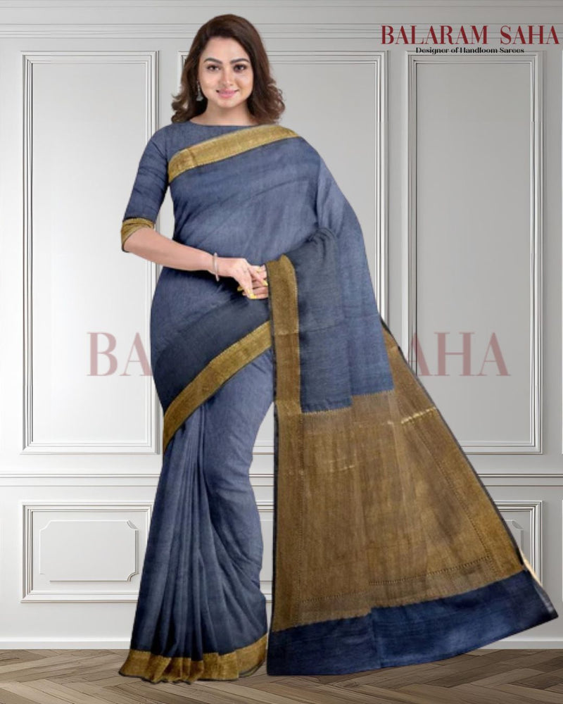 Indigo & Gold Soft Handloom Silk Saree With Woven Zari Border by Balaram Saha - (handloom saree, Zari border, silk saree, handloom silk saree, balaram saha online, silk sarees, silk handloom saree, bengal handloom sarees, pure silk, silk saree online, bengali silk saree) https://www.adobe.com/
