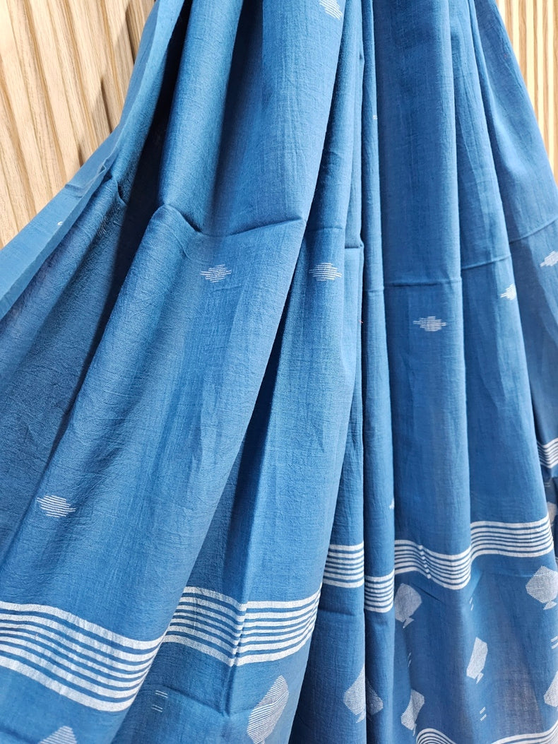 Blue & White Handspun Handwoven Cotton Jamdani Dupatta Balaram Saha