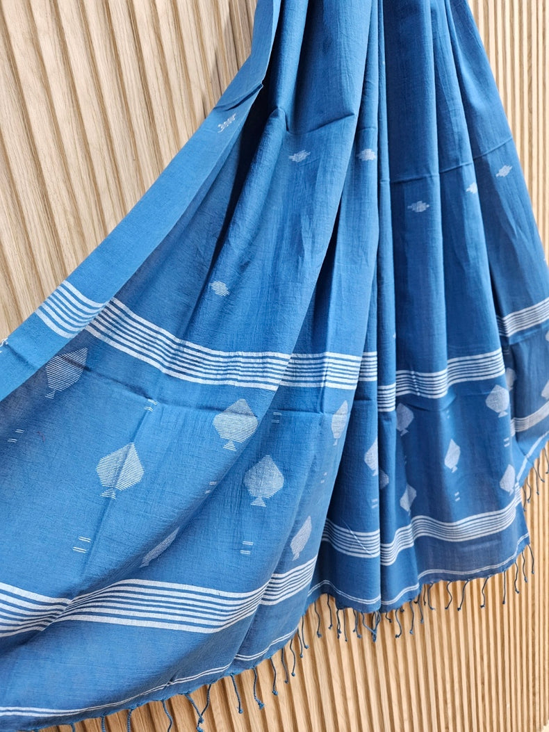 Blue & White Handspun Handwoven Cotton Jamdani Dupatta Balaram Saha