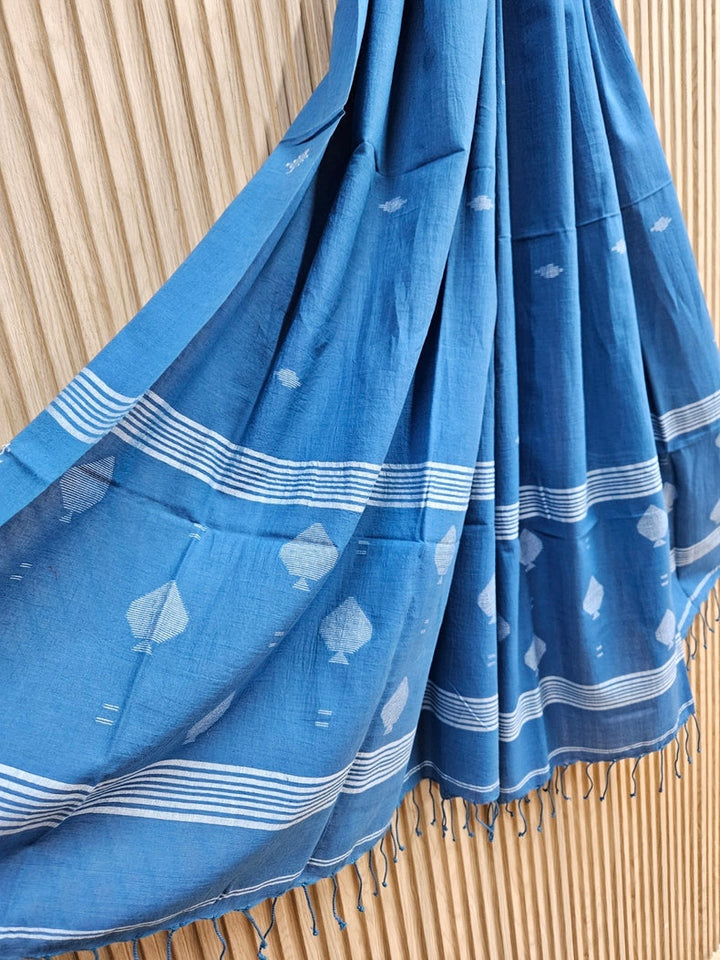 Blue & White Handspun Handwoven Cotton Jamdani Dupatta Balaram Saha