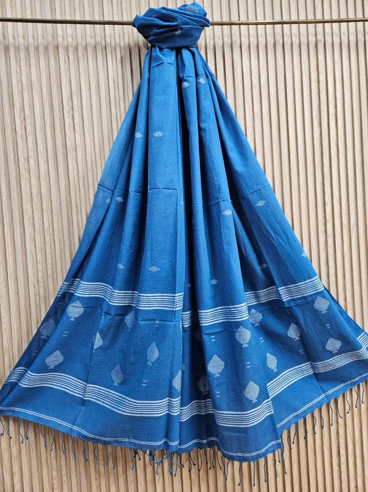 Blue & White Handspun Handwoven Cotton Jamdani Dupatta Balaram Saha