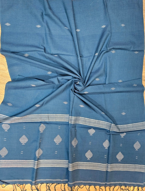 Blue & White Handspun Handwoven Cotton Jamdani Dupatta Balaram Saha
