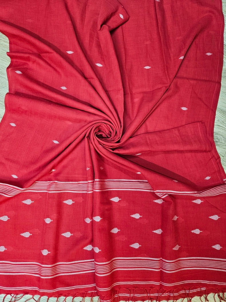 Red & White Handspun Handwoven Cotton Jamdani Dupatta Balaram Saha