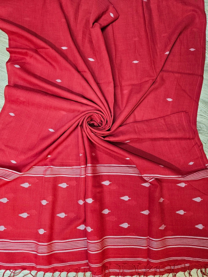 Red & White Handspun Handwoven Cotton Jamdani Dupatta Balaram Saha