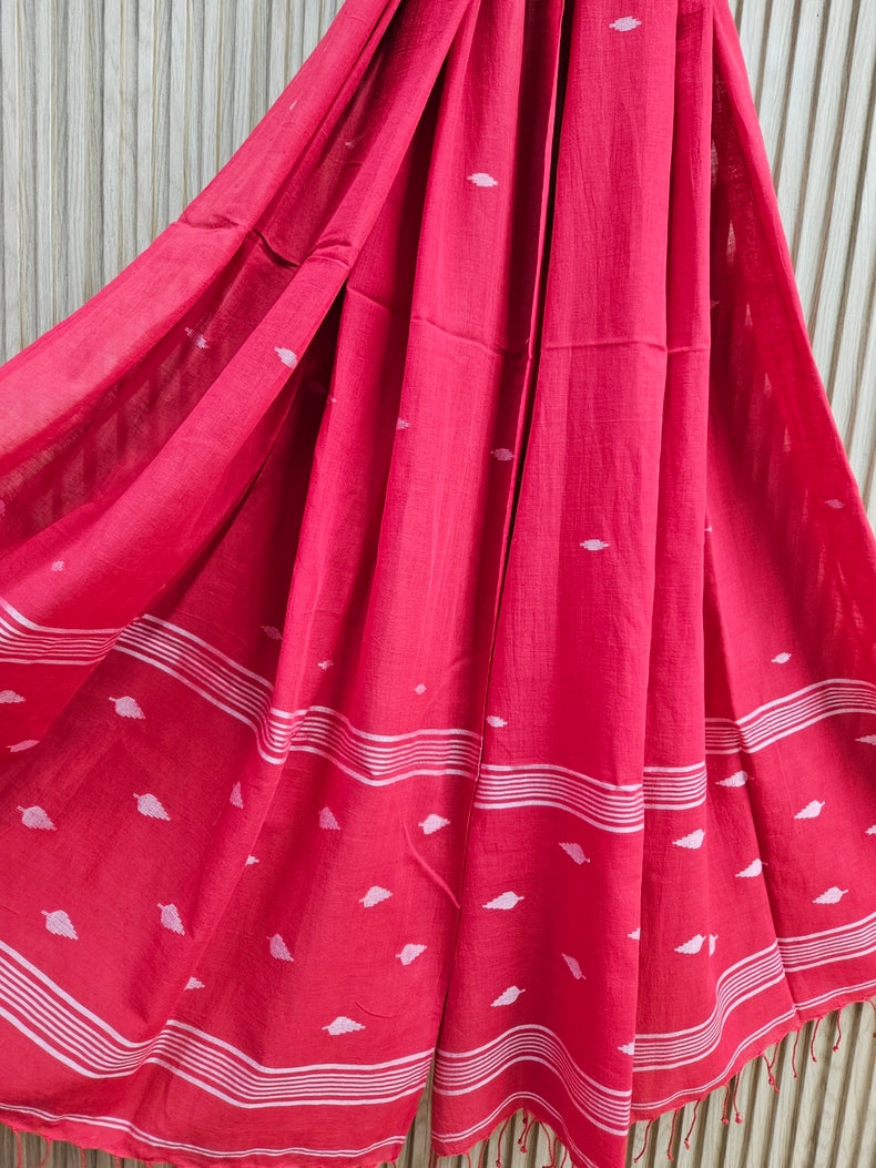 Red & White Handspun Handwoven Cotton Jamdani Dupatta Balaram Saha