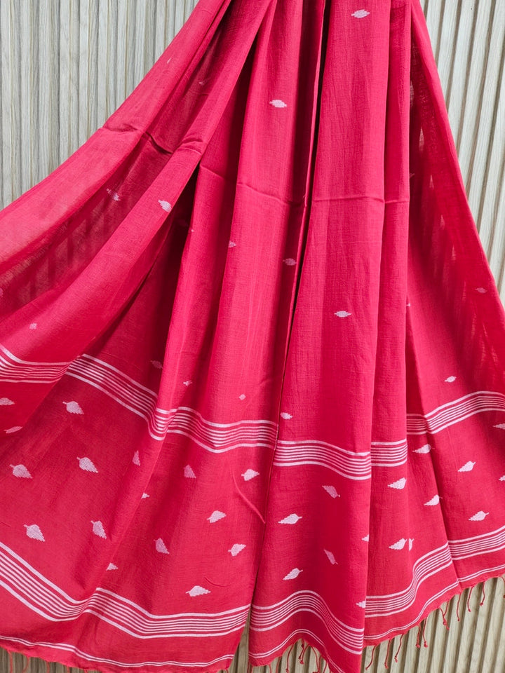 Red & White Handspun Handwoven Cotton Jamdani Dupatta Balaram Saha