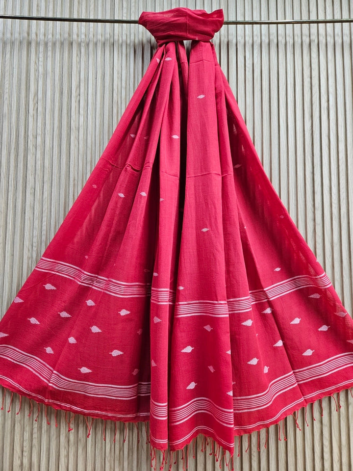 Red & White Handspun Handwoven Cotton Jamdani Dupatta Balaram Saha