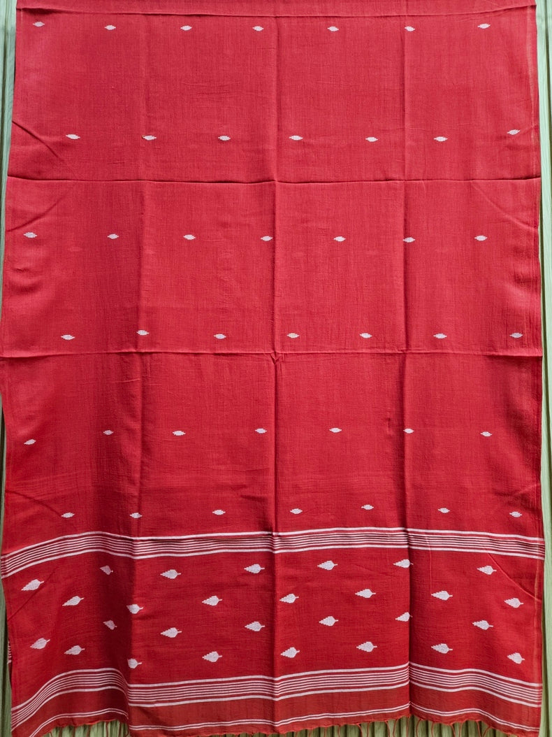 Red & White Handspun Handwoven Cotton Jamdani Dupatta Balaram Saha