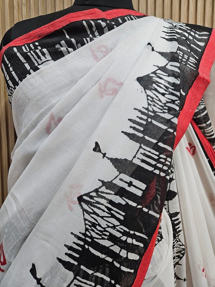 White & Black / Red soft handloom Mul Cotton with Kolkat Skyline & কে Print Balaram Saha