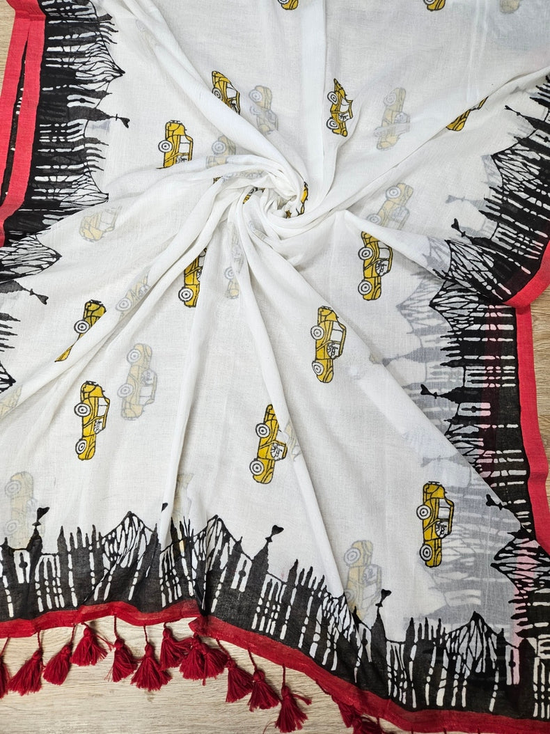 Kolkata Skyline & Taxi Print | Comfort Wear Handloom Mul Cotton Saree Balaram Saha