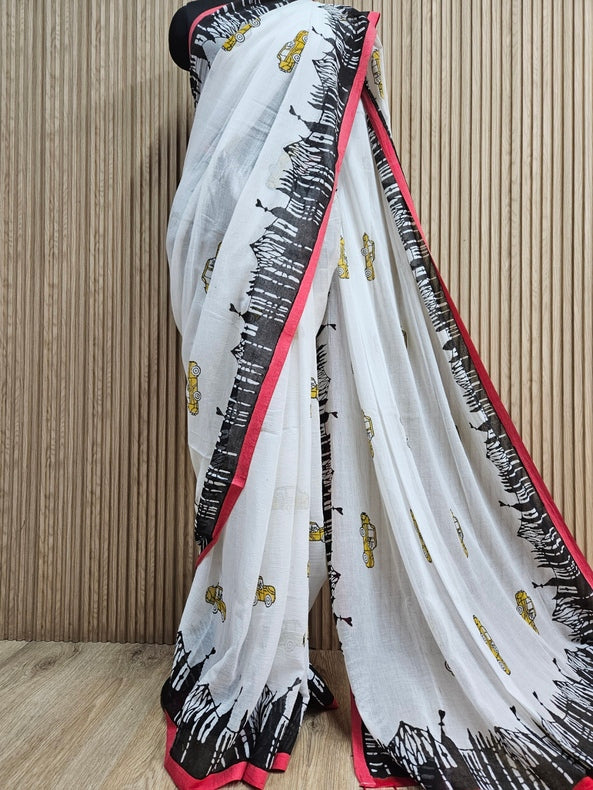 Kolkata Skyline & Taxi Print | Comfort Wear Handloom Mul Cotton Saree Balaram Saha