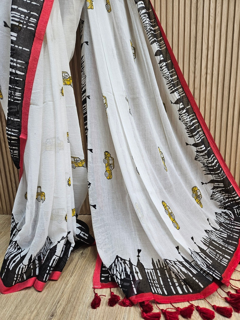 Kolkata Skyline & Taxi Print | Comfort Wear Handloom Mul Cotton Saree Balaram Saha