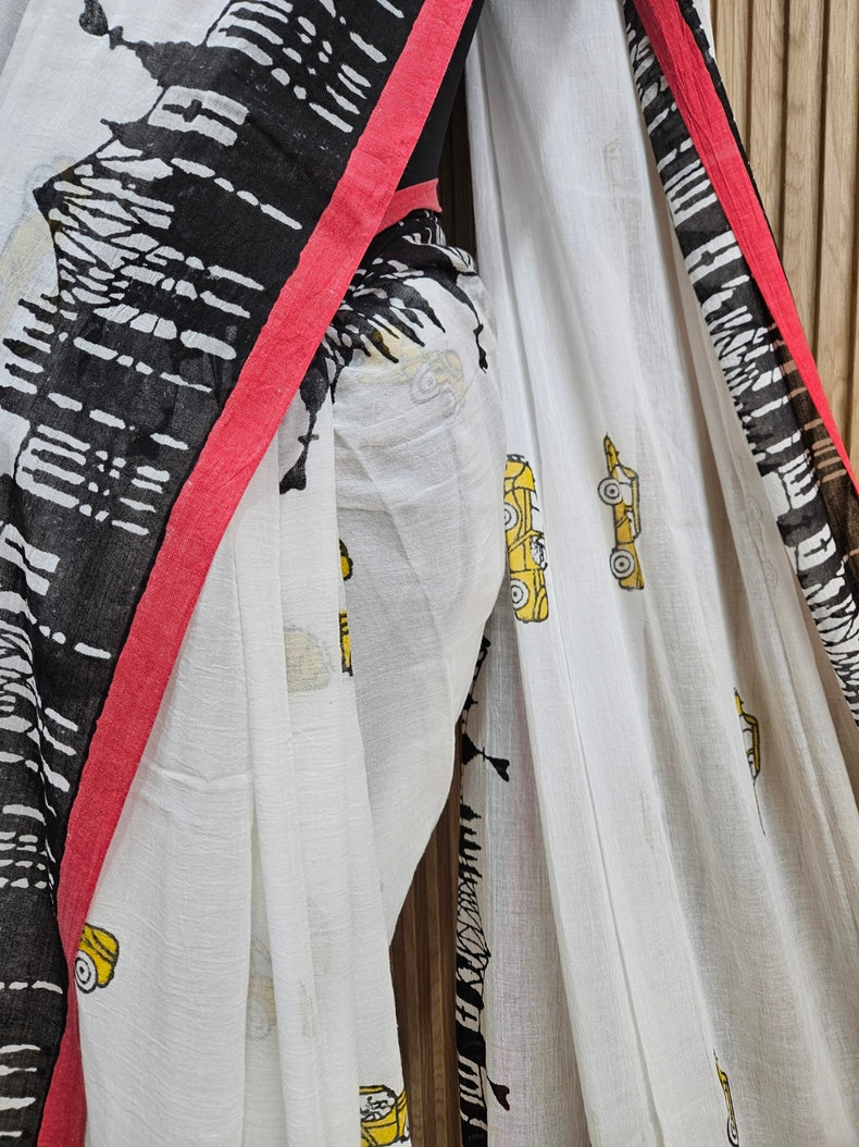 Kolkata Skyline & Taxi Print | Comfort Wear Handloom Mul Cotton Saree Balaram Saha