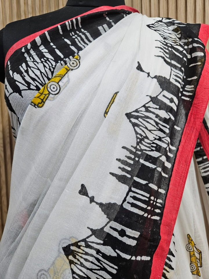 Kolkata Skyline & Taxi Print | Comfort Wear Handloom Mul Cotton Saree Balaram Saha
