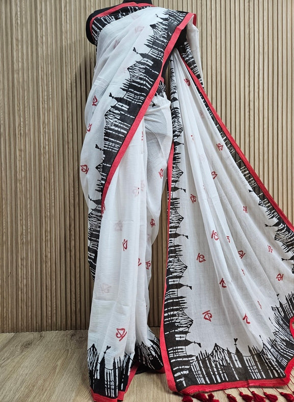 White & Black / Red soft handloom Mul Cotton with Kolkat Skyline & কে Print Balaram Saha