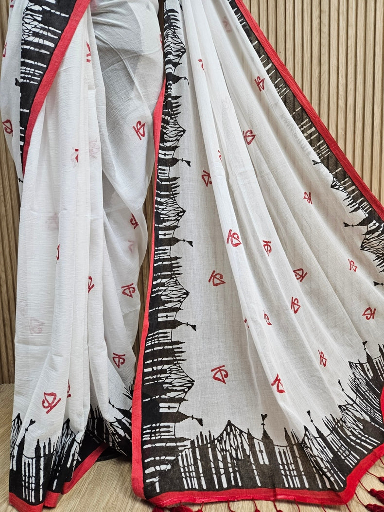 White & Black / Red soft handloom Mul Cotton with Kolkat Skyline & কে Print Balaram Saha