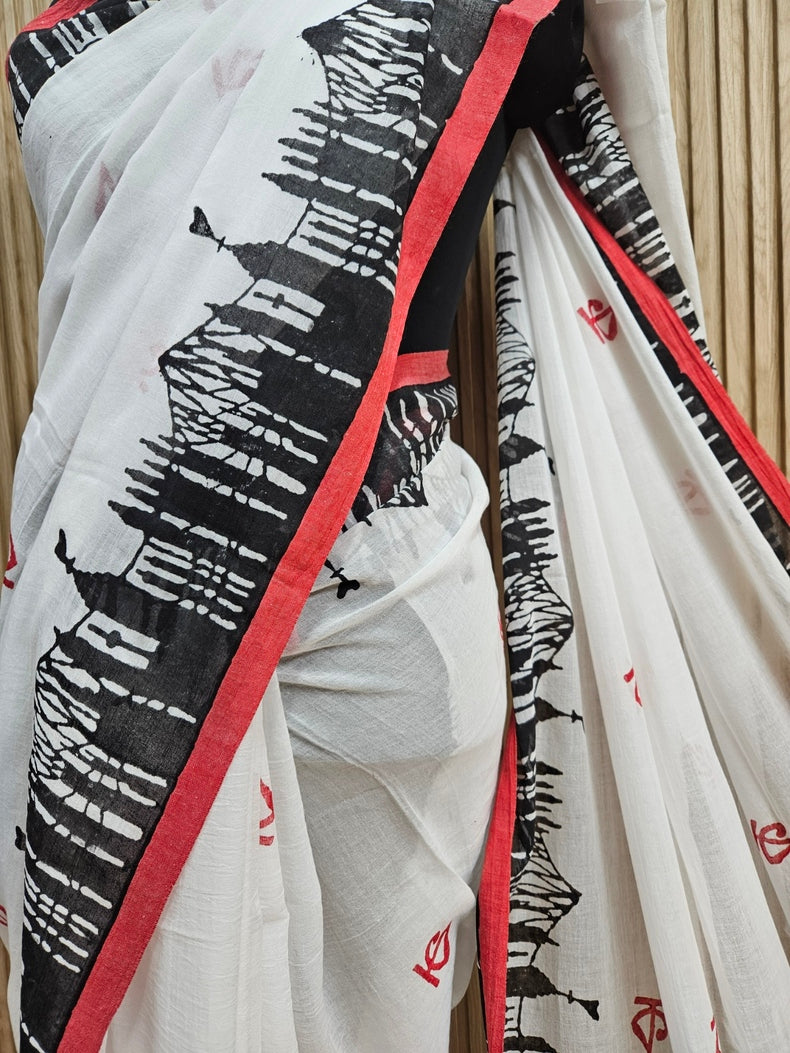 White & Black / Red soft handloom Mul Cotton with Kolkat Skyline & কে Print Balaram Saha