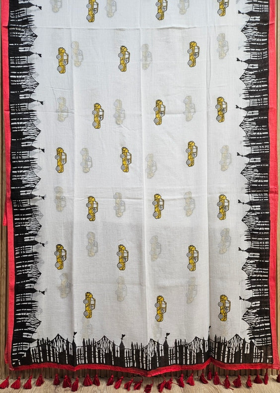 Kolkata Skyline & Taxi Print | Comfort Wear Handloom Mul Cotton Saree Balaram Saha