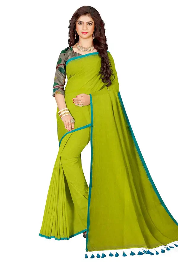 Lemon Green & Blue Soft Mul Cotton Handloom  Saree Balaram Saha