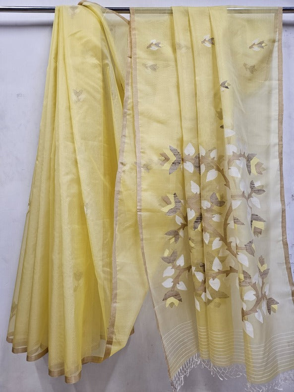 Lemon Yellow Handwoven Muslin Silk Jamdani Saree Balaram Saha