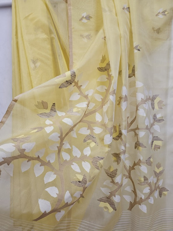 Lemon Yellow Handwoven Muslin Silk Jamdani Saree Balaram Saha